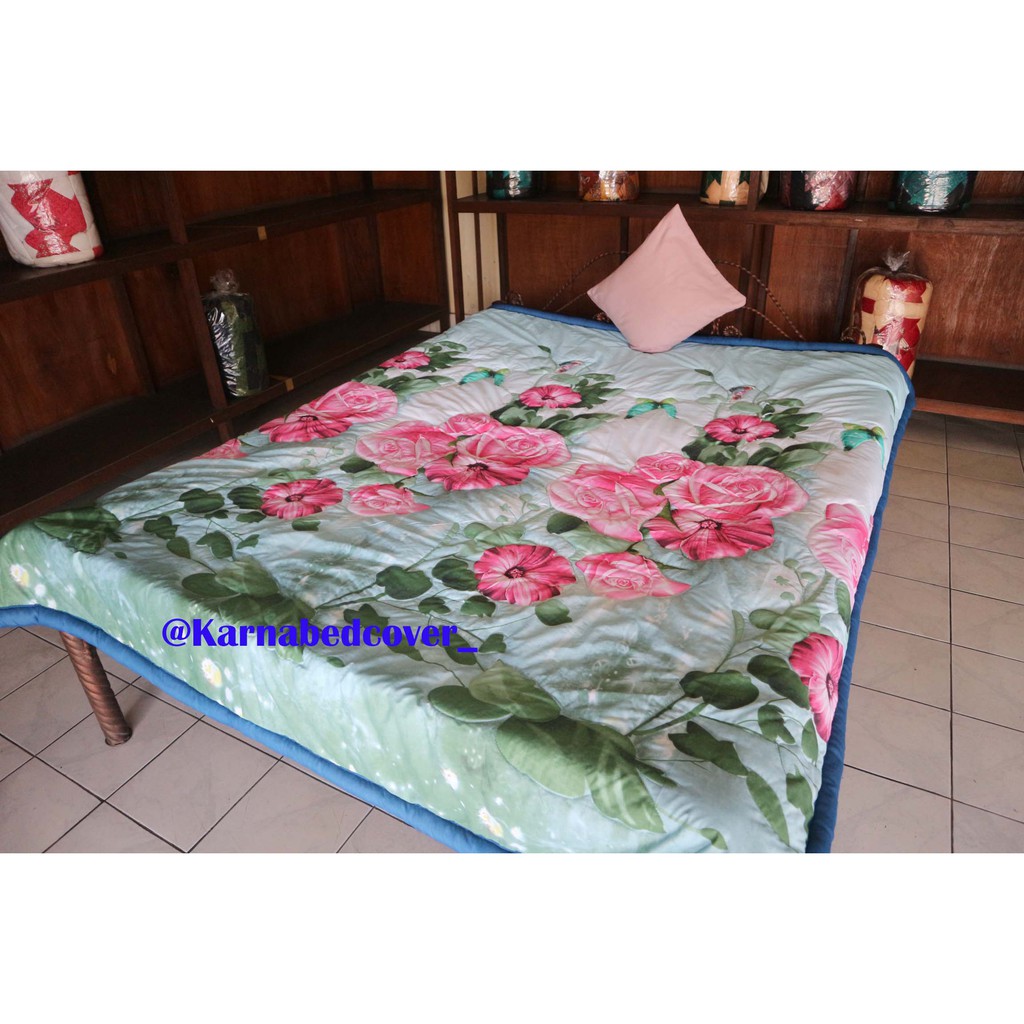Bedcover Murah Tanpa Sprei Halus Tidak berbulu Motif Bunga Mawar Hijau Uk 200 x 240 Katun