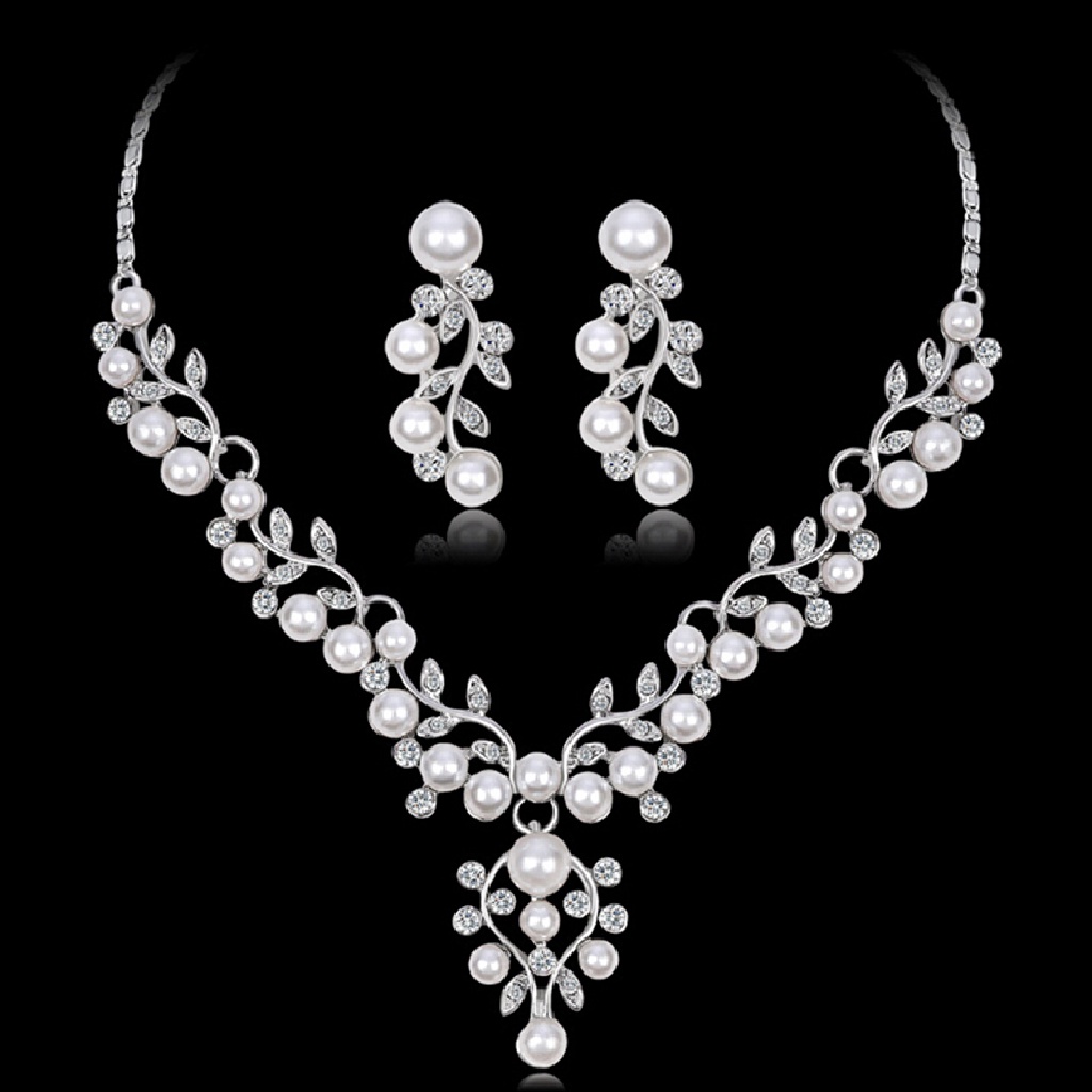 [OOID] Fashion Imitation Pearl Short Necklace Earrings Jewelry Set Prom Party Accessory ID