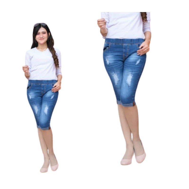 celana jeans pendek wanita jeans 7/8 list legging jeans pinggang kolor rip jeans sobek street