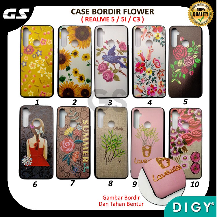 Case Bordir Flower Realme  5 5I C3 7i C17 Motif Timbul 3D Bunga