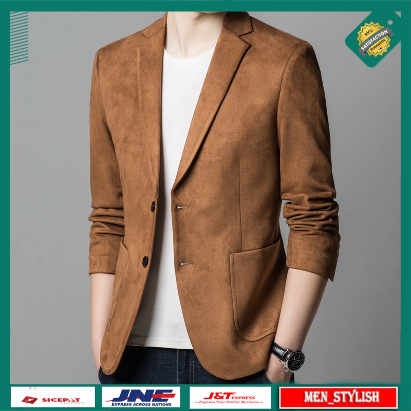 Blazer Pria Casual Premium High Quality Khaki Velvet Americana Hombre Blazers Slim Fit Black Suede L