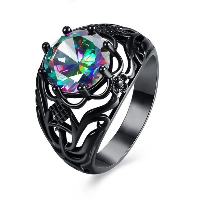 Cincin Batu Natural Mystic Quartz Rainbow Pelangi Ring Black Platted Klasik