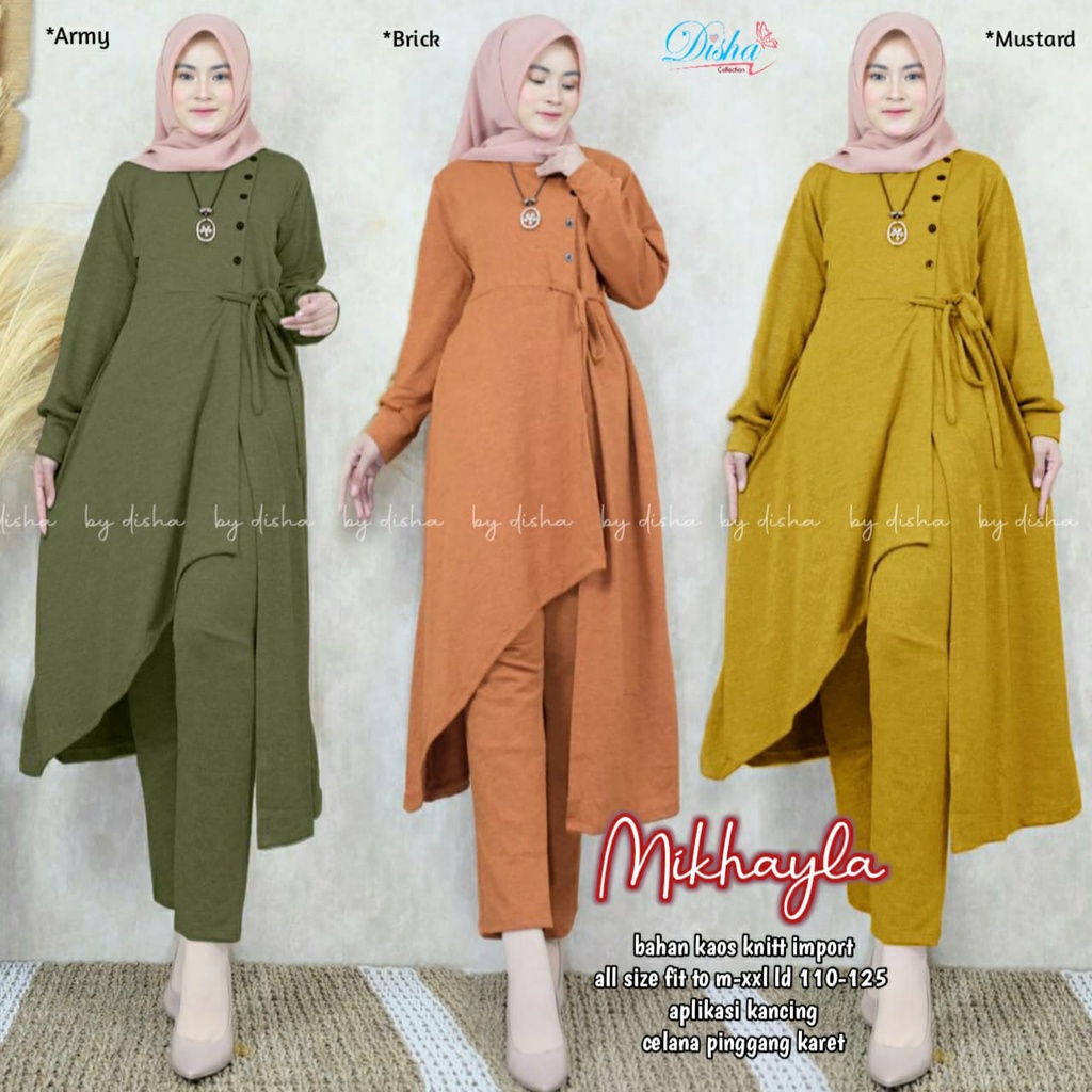 MIKHAYLA SET BY DISHA SETELAN ONE SET SETCEL TUNIK PANTS WANITA MUSLIMAH CASUAL POLOS JUMBO BAHAN KA