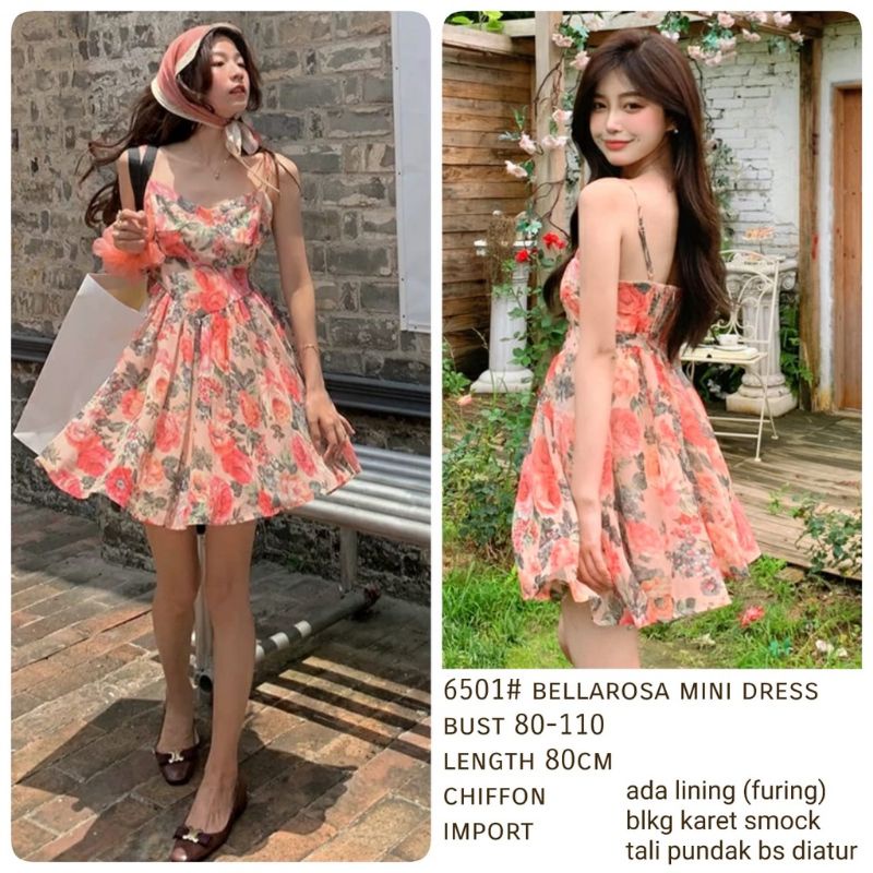6501 Baju mini dress tali belakang karet Smok motif bunga bunga sifon import pesta kondangan santai 