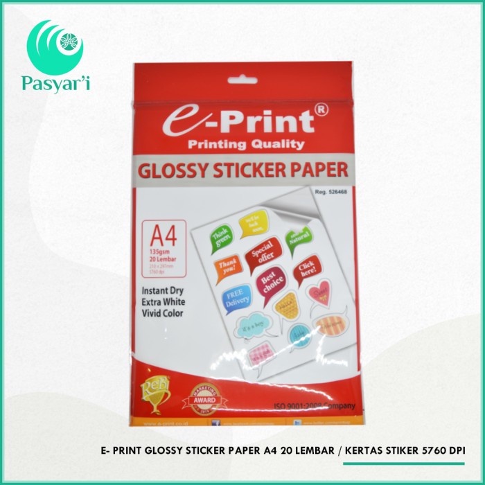

E- Print Glossy Sticker Paper A4 20 lembar kertas stiker 5760 dpi