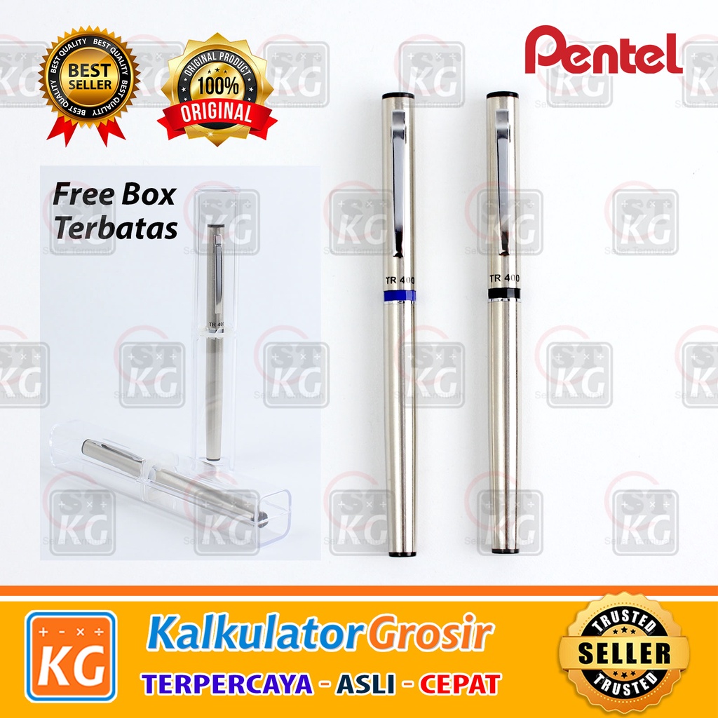 Pentel Rolling Pen TR 400 MG8 (pcs) Include Refill Bolpen / Pulpen Barell Selongsong Silver Stainless 0.8 Biru Dan Hitam Mg 8