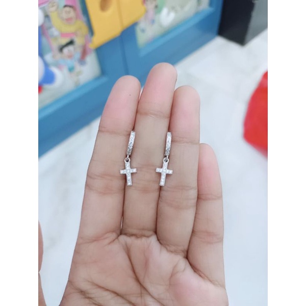 anting jepit donat mp+ m salib full mp/ anting perak asli silver 925 lapis emas/ anting fashion