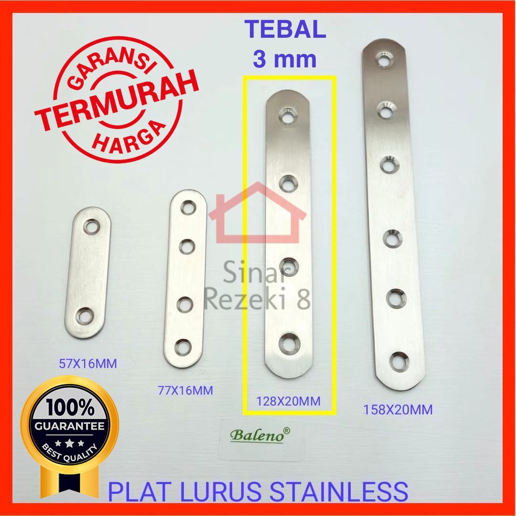 Plat Lurus 128 x 20 mm STAINLESS Steel 4 Lubang Siku Konektor Sambungan Rata