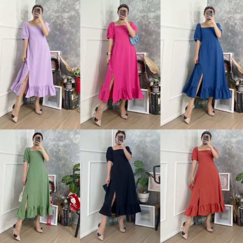 ZANETA- DRESS CAROLINE LINEN SLIT MIDI DRESS/KOREAN PREMIUM DRESS 2064