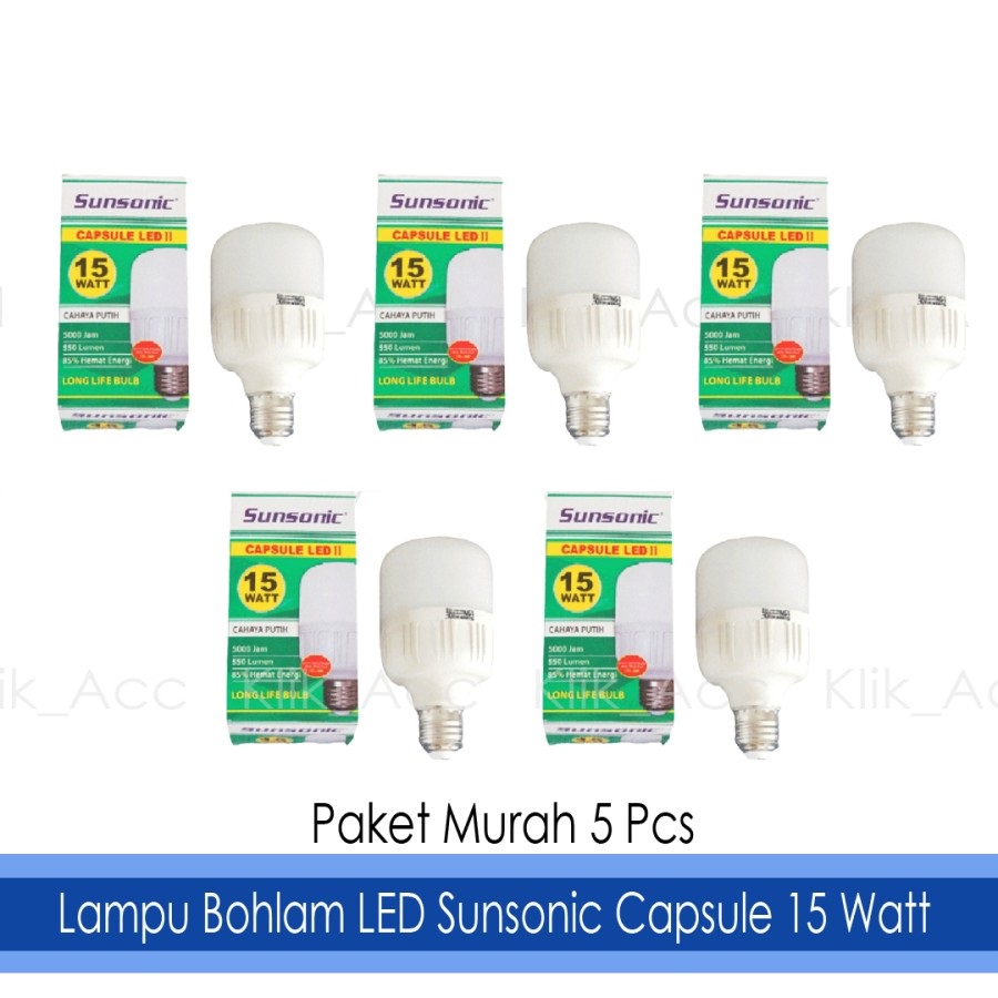 Lampu Led Sunsonic 15 Watt 15w Cahaya Putih Paket 5 Pcs