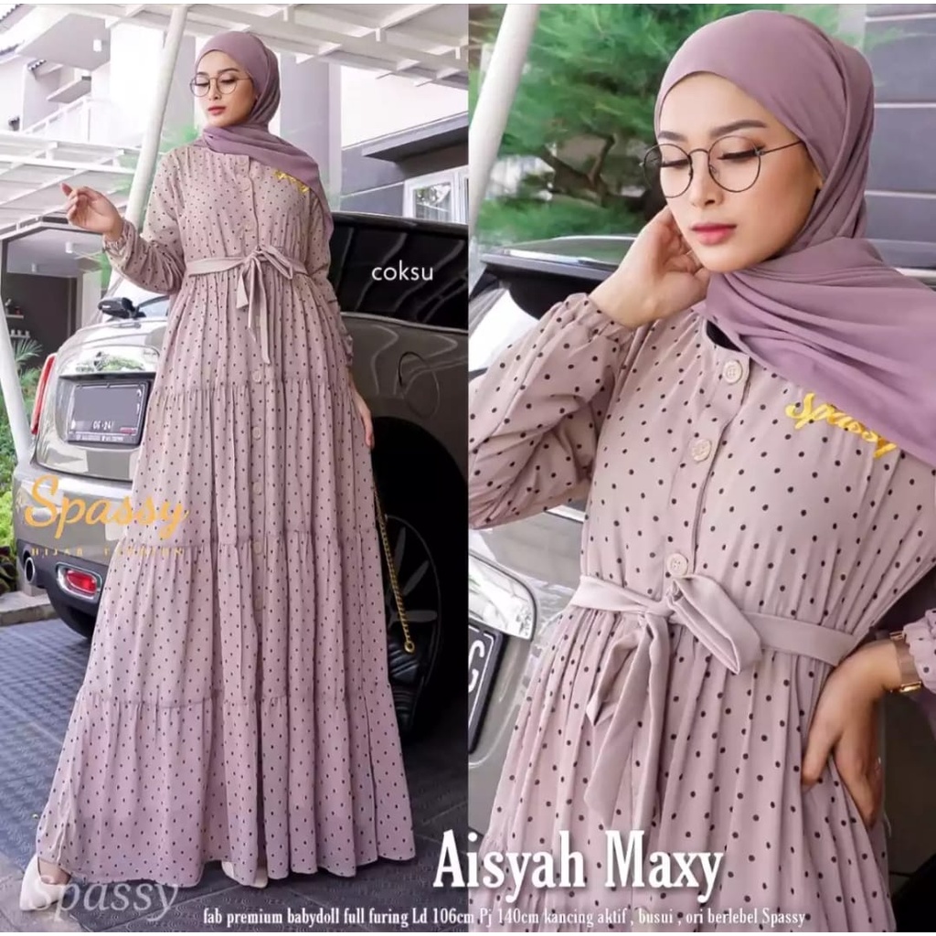 Gamis Motif Polkadot Wanita Aisyah Maxy Dress Ori Spassy // Gamis Polkadot 2022 // Gamis Dolly Maxy 