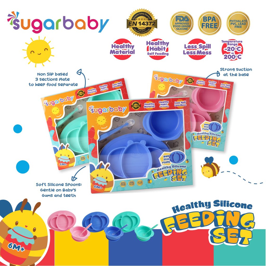 Sugar Baby Healthy Silicone Feeding Set - Mangkok + Piring + Sendok Silikon (Isi 3)