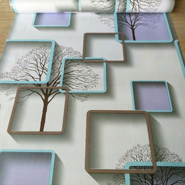 WALLPAPER DINDING MOTIF KOTAK BIRU LIST COKLAT