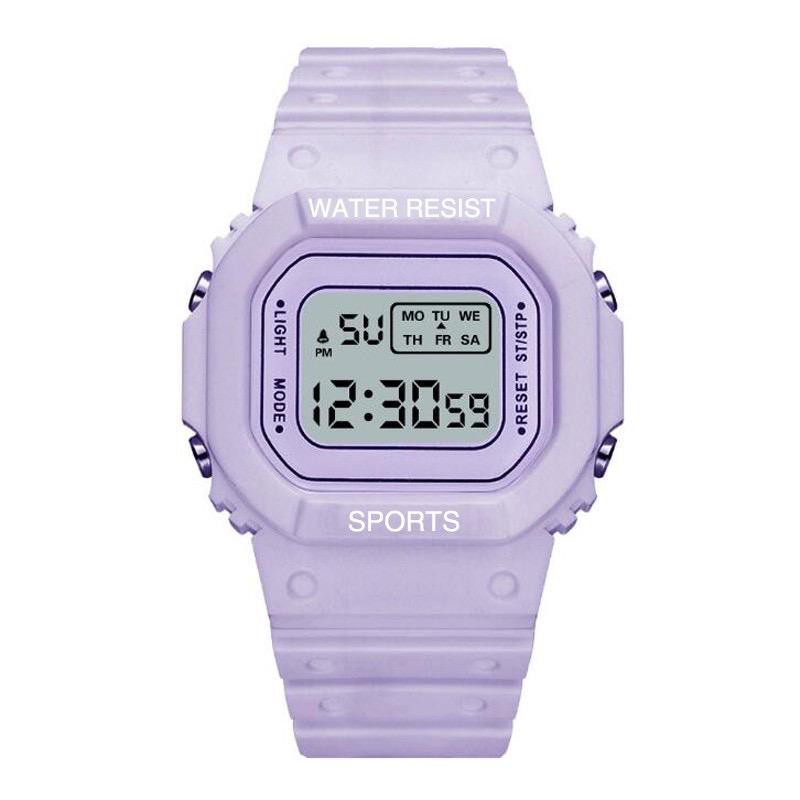 JAM TANGAN DIGITAL RUBBER PRIA / WANITA SEGI DW-5600 GROSIR KARET RUBBER SPORT LED KOREA SPORT ELEKTRONIK MOTIF BUNGA DAN POLOS STYLE COUPLE ANAK ANAK / REMAJA WATCHBRANDS  MURAH JF052 / C8-POLOS PURPLE