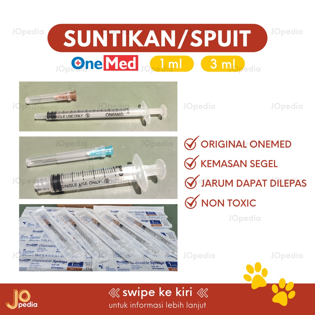 SPUIT 1ml 3ml ONEMED Spet Suntikan Sepetan Pipet Minum Obat Susu Hewan Kucing Anjing Kelinci Jarum Lepas Pasang