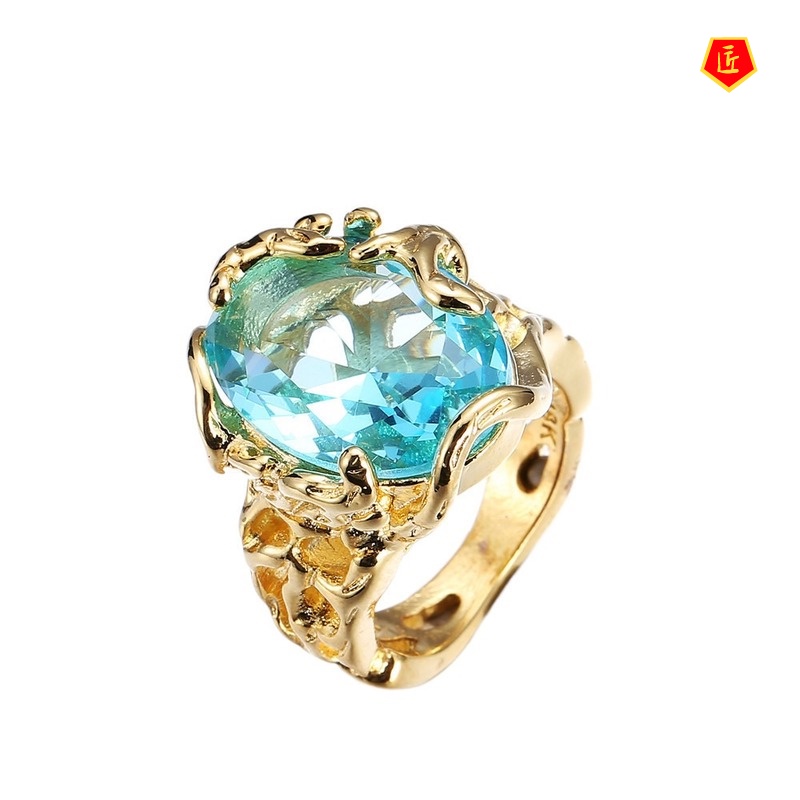 [Ready Stock]Fashion Elegant 18K Gold Blue Crystal Hollow Ring