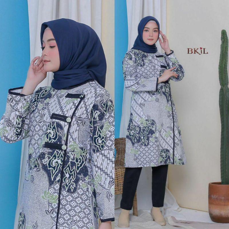 tey-17 Batik wanita ASJ SA HRB026 Kenongo Kemeja Tosca Pendek-Tunik Elsa Navy
