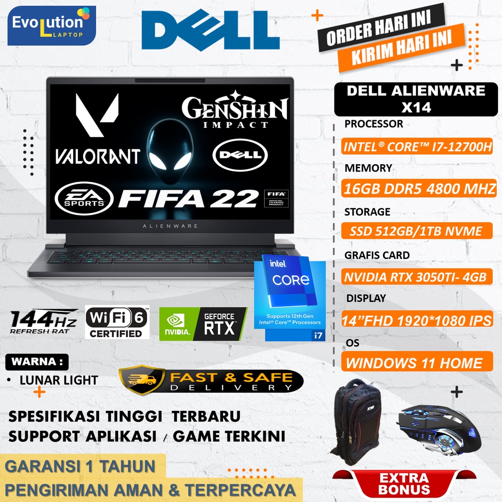 Laptop gaming Dell Alienware X14 i7 12700H 12th Gen 16GB 1TB RTX3050Ti 4GB 14 FHD 144Hz Windows 11
