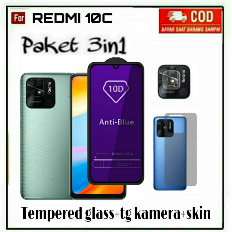 PAKET 3IN1 TEMPERED GLASS BLUE LIGHT REDMI 10C 10 4G 10 2022 TG ANTIGORES KACA ANTI RADIASI FULL LAYAR