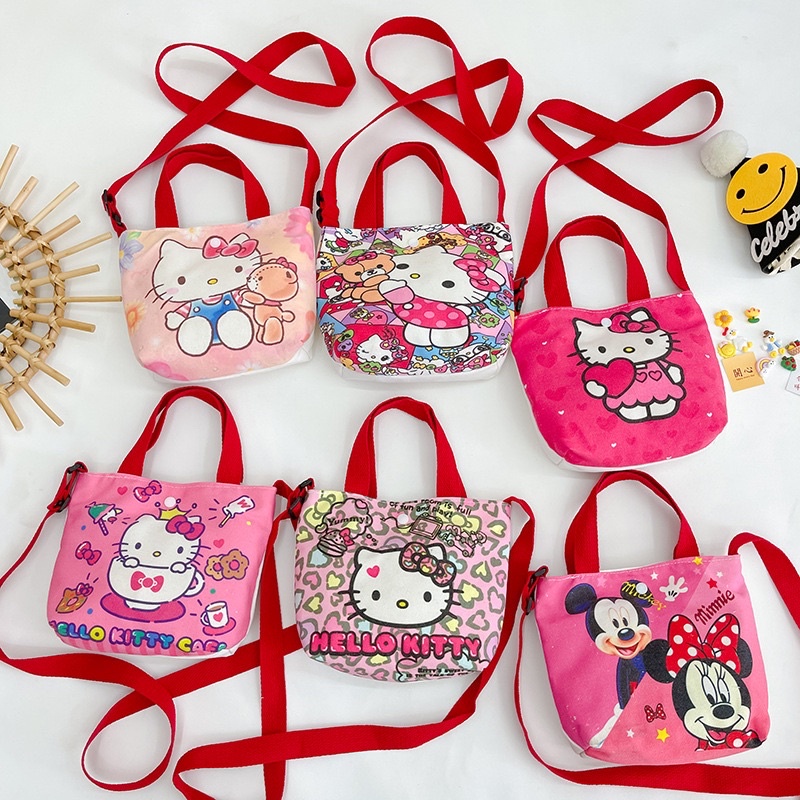 NAOMI - NEW MOTIF Yoshi Tote Bag Canvas Bag Import - Tas Anak Selempang Import - Hello Kitty Sling Bag - minnie mickey mouse - frozen - pink princess - duyung - Karakter Canvas Premium Cantik Cute - Tas Selempang Anak Perempuan - Girls Bag- naomi bag