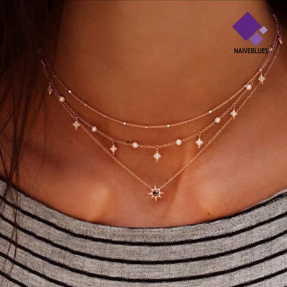 Kalung Rantai Multi Layer Dengan Liontin Berlian Imitasi Untuk Wanita