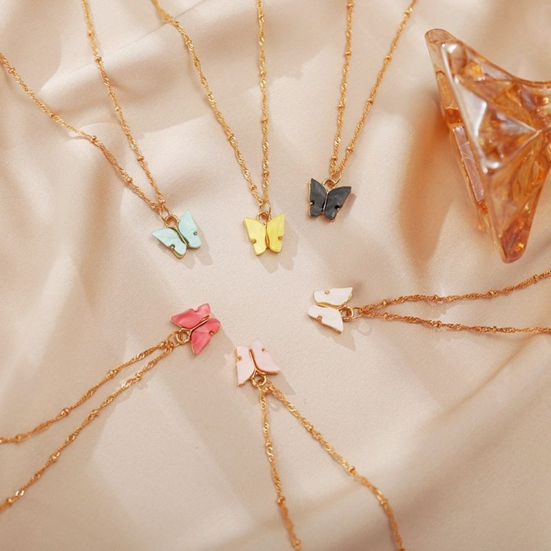 FerenHong Xia kalung Sweet Acrylic Butterfly Pendant Necklace Creative Simple Sweet Girl Necklace Accessories l kalung kupu