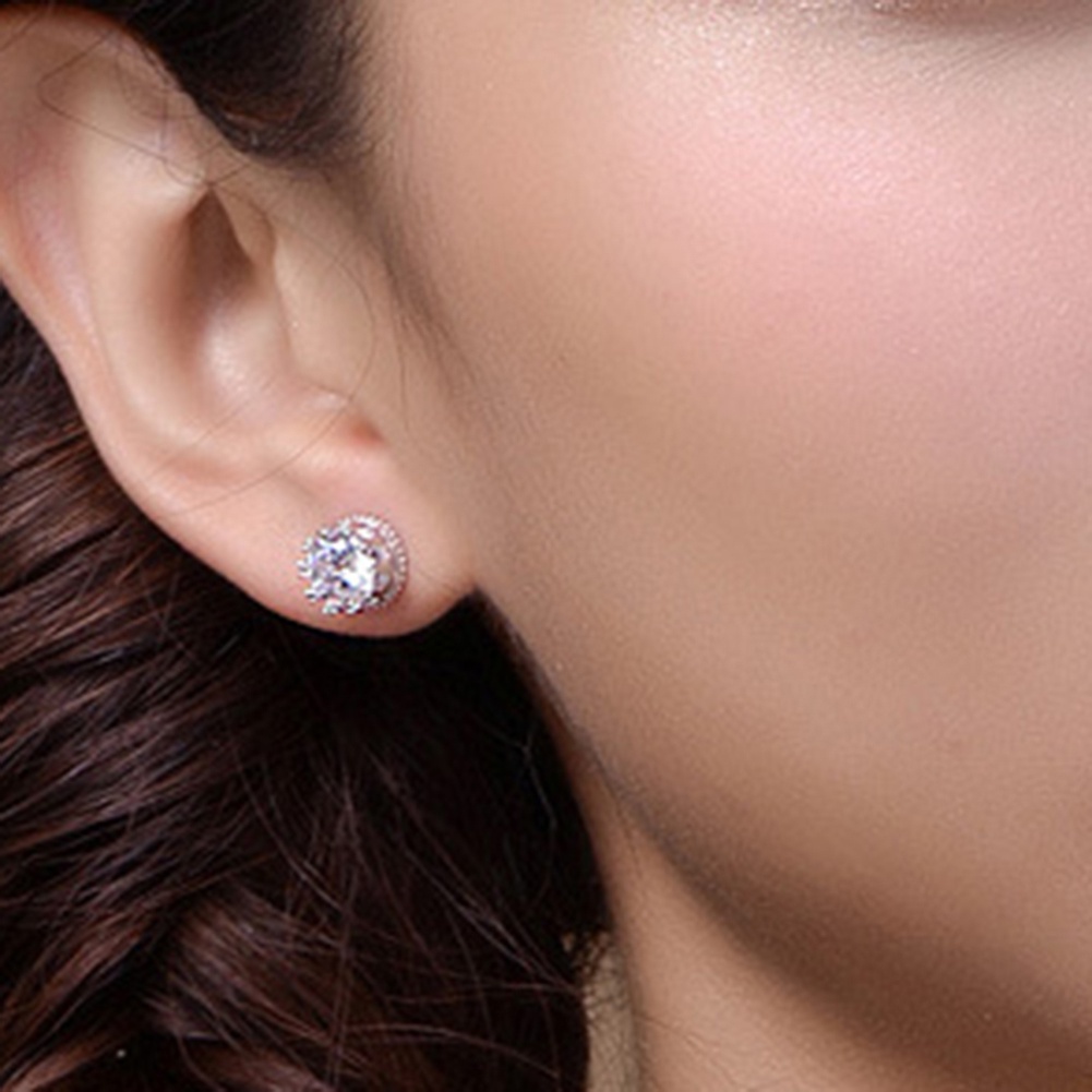 Anting Stud Tindik Lapis Perak Bahan Cubic Zirconia Untuk Wanita