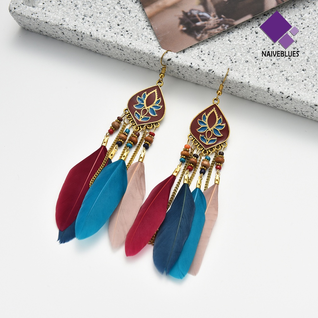 Naiveblue 1 Pasang Anting Kait Gantung Wanita Desain Bulu + Manik-Manik Warna Warni Gaya Retro / Bohemian Untuk Pesta