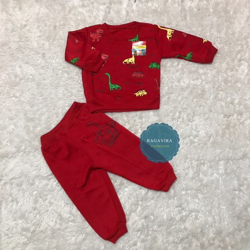 setelan sweater anak laki-laki lengan panjang 3-18 bulan motif dino