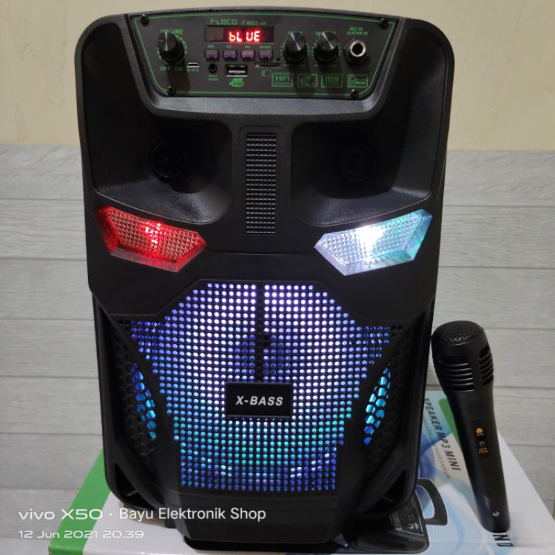 Speaker Bluetooth Karaoke Wireless Fleco F-8803LED 8,5 Inchi Gratis Microphone Dan Remot Super Bass