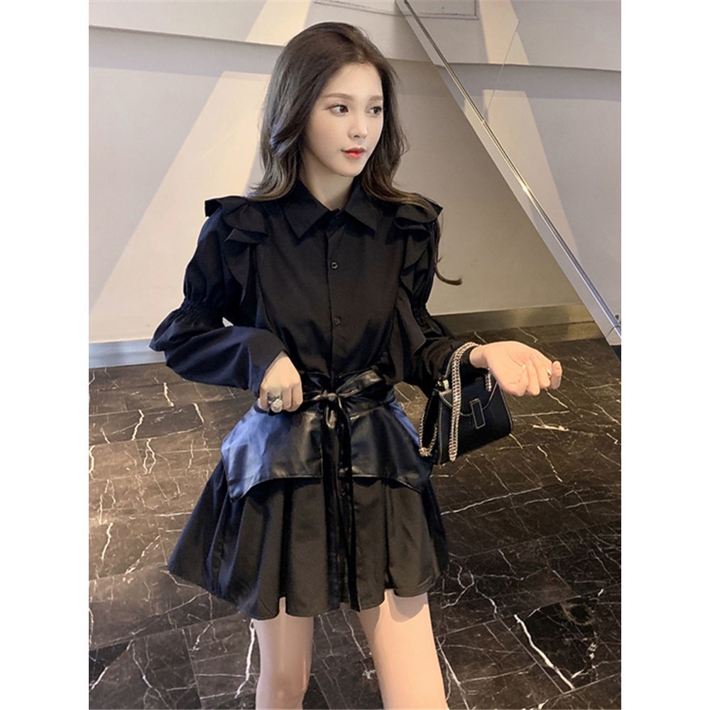 provelove Dua Potong Perapi Musim Dingin Retro Hepburn Gaya Ketat Pinggang Kemeja Gaun Wanita Hitam 