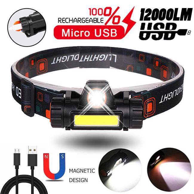 Waterproof XPE COB LED 6 Modes Headlight Headlamp USB Rechargeable Torch 18650
