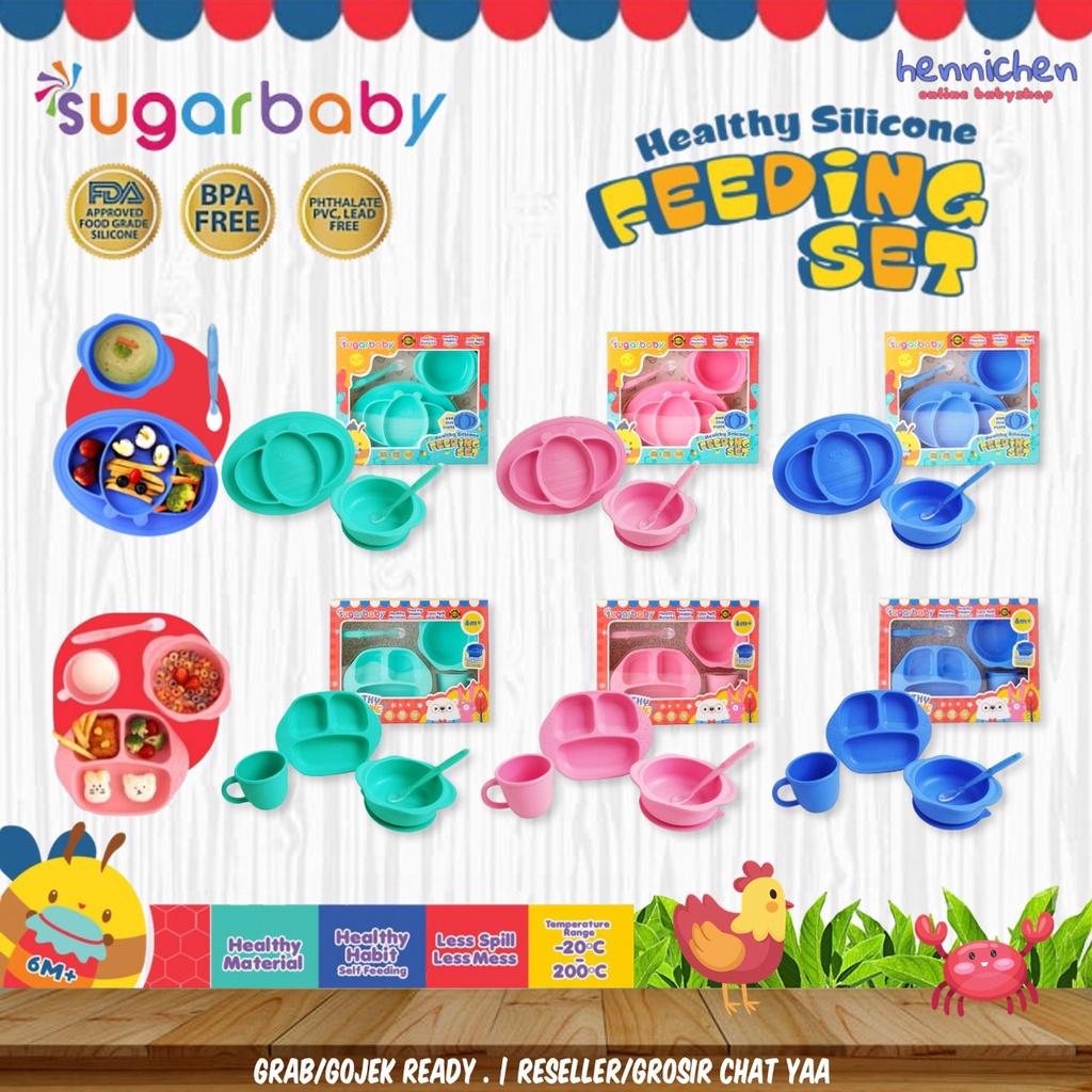 Sugar Baby Healthy Stainless / Silicone Feeding Set / perlengkapan makan bayi MPASI isi 3Pcs dan isi 4pcs 6m+