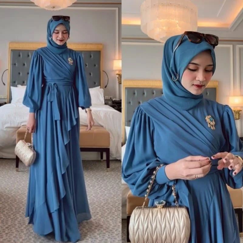 Gamis Pesta Terbaru Meyhira Dress Gaun Muslimah Polos Kekinian Bahan Ceruty Baju Kondangan  Fashion 