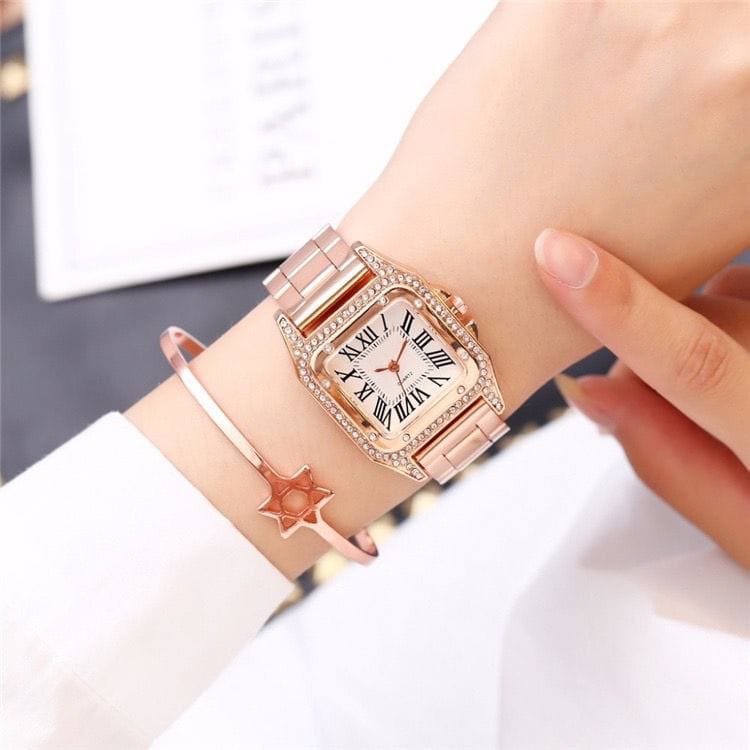 (SS) JAM TANGAN WANITA SEGI DIAMOND KOTAK RANTAI PERMATA ANALOG CASUAL RANTAI