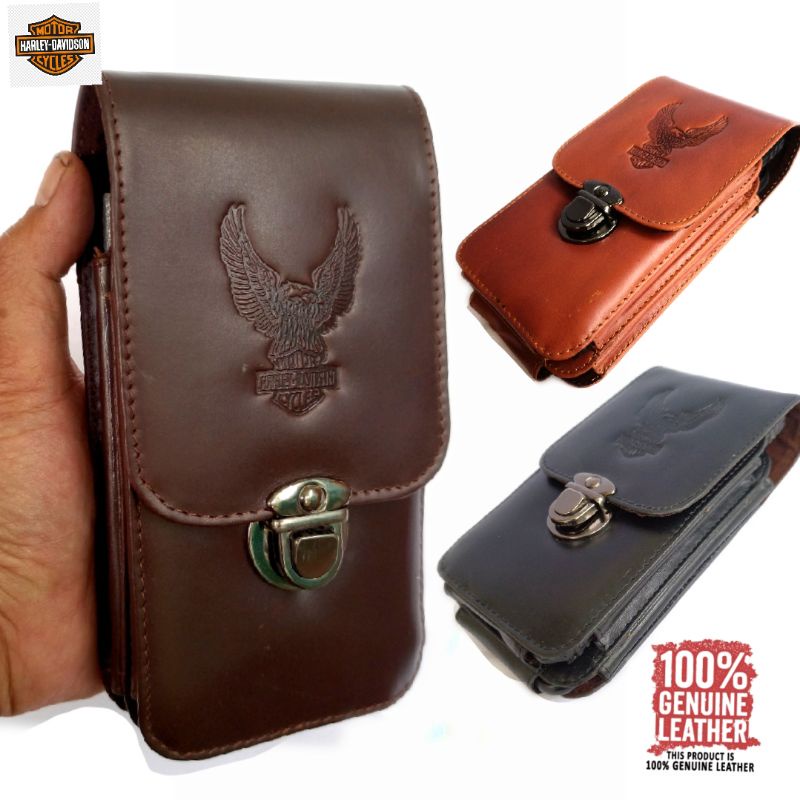 dompet hp pinggang kulit asli double Harley Davidson 6.5 inch 6.7 inch - sarung hp kulit asli  harley