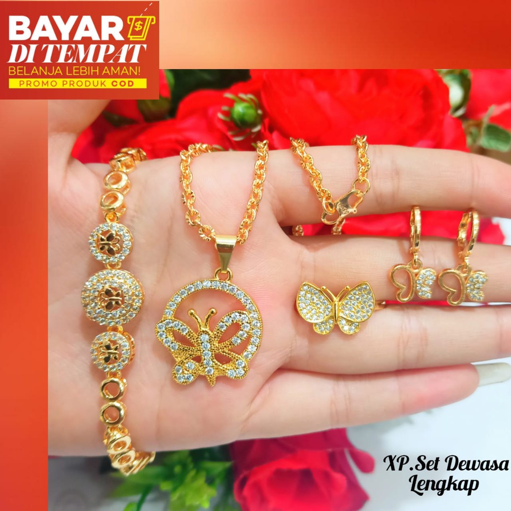 Set Dewasa perhiasan wanita anti karat motif kupu-kupu permata zircon