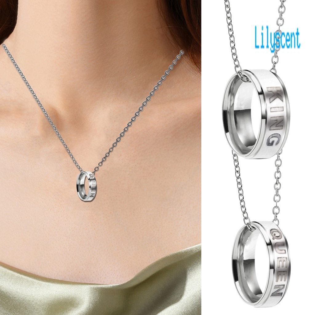 Lily Kalung Rantai Dengan Liontin Cincin Melengkung Motif Tulisan Kingqueen Untuk Pasanganpriawanita