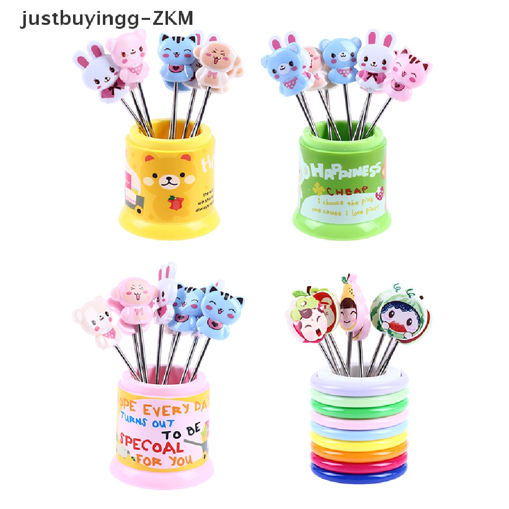 [justbuyingg] 1Set Stainless Steel Fruit Fork Animal Rainbow Fruit Dessert Fork w/Storage Jar [zkm]