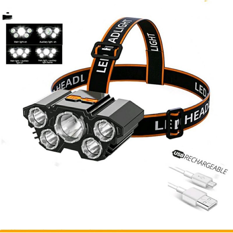 Senter Kepala 5Mata Headlamp 5LED Lampu Light USB Charge Headlight L-T21