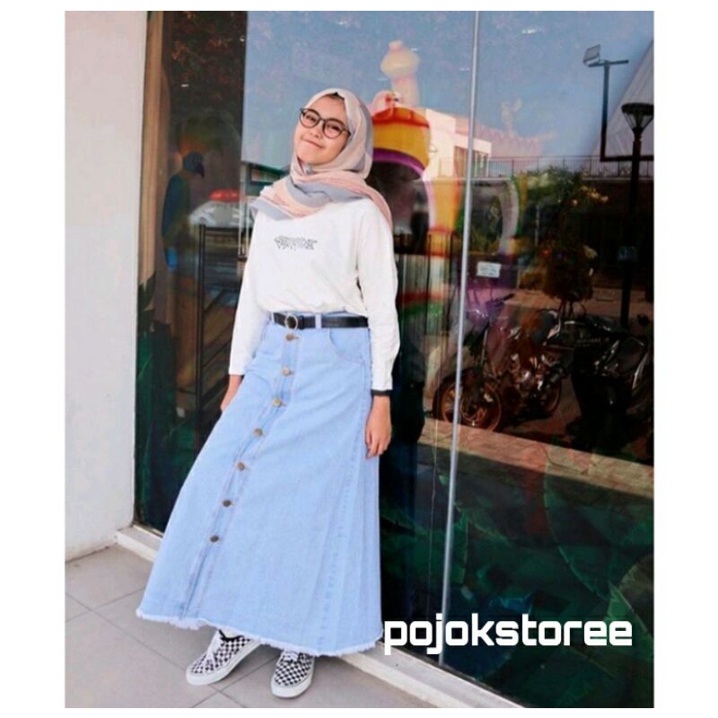 ROK KANCING DEPAN ROK DENIM BUTTON SKIRT JEANS SPAN PANJANG WANITA JINS rok KANCING PUTIH-Ice blue