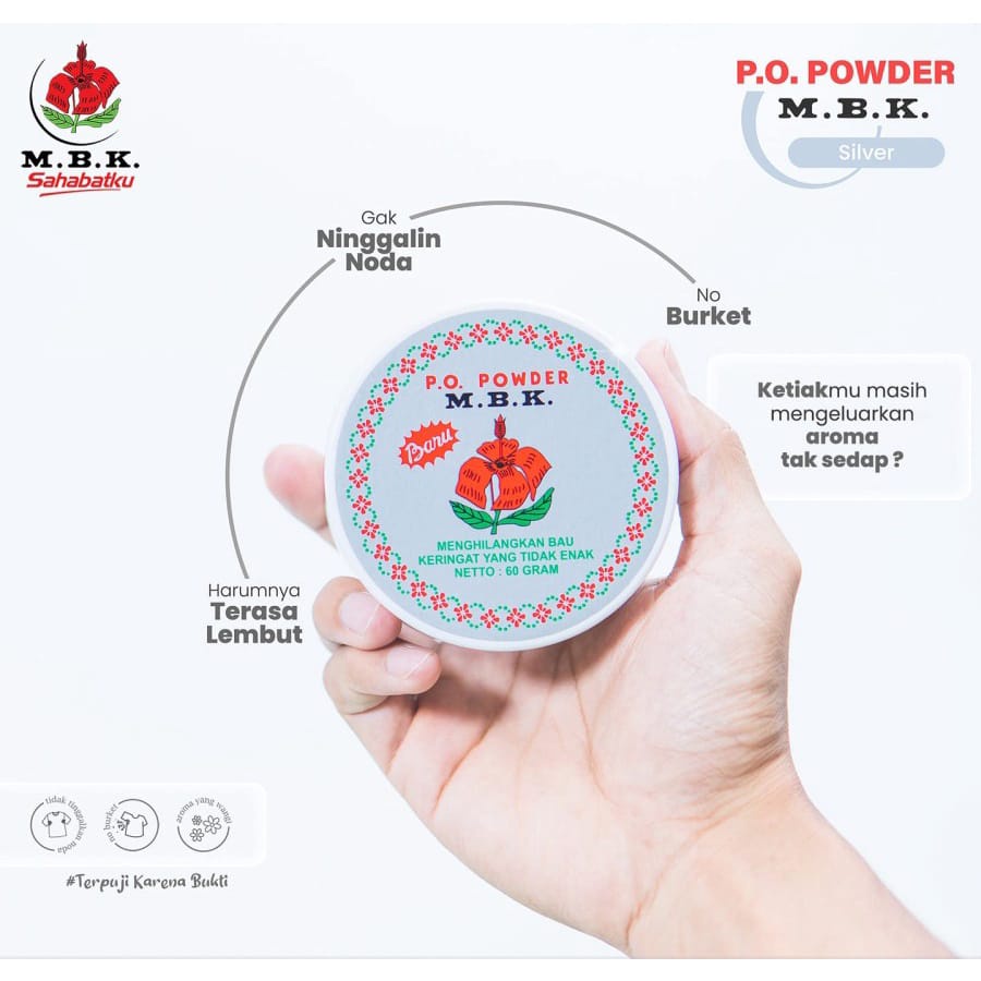 MBK Powder Bedak Tin Putih Silver Kemasan Praktis 60 gram untuk Bau Badan Kosmetik Arjuna