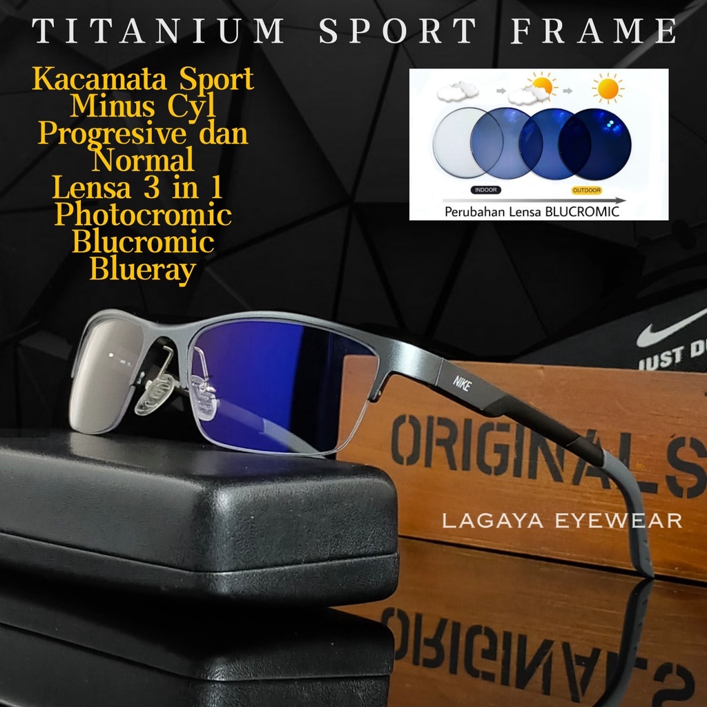 KACAMATA TERBARU BLUCROMIC 3 IN 1 MODEL SPORT NORMAL MINUS CYL PROGRESIVE PHOTOCROMIC BLUCROMIC ANTI