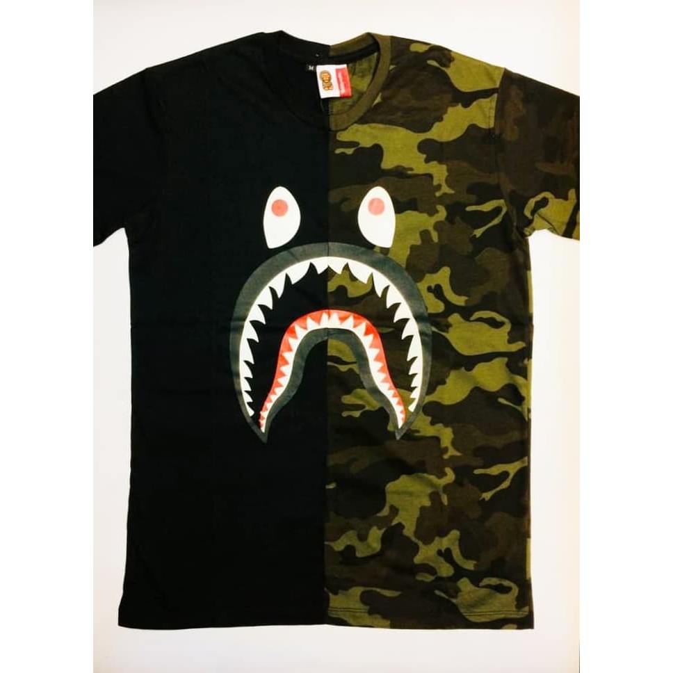 Terbatas Tshirt Kaos Branded Pria Bape Half Army Black Camo Shark Bathing Ape Trendi
