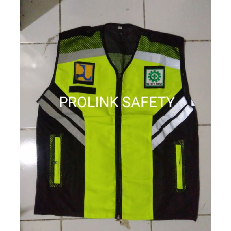 ROMPI SAFETY PU HIJAU HITAM BAHAN TASLAN SAMPING JALA FREE LOGO SEPERTI FOTO