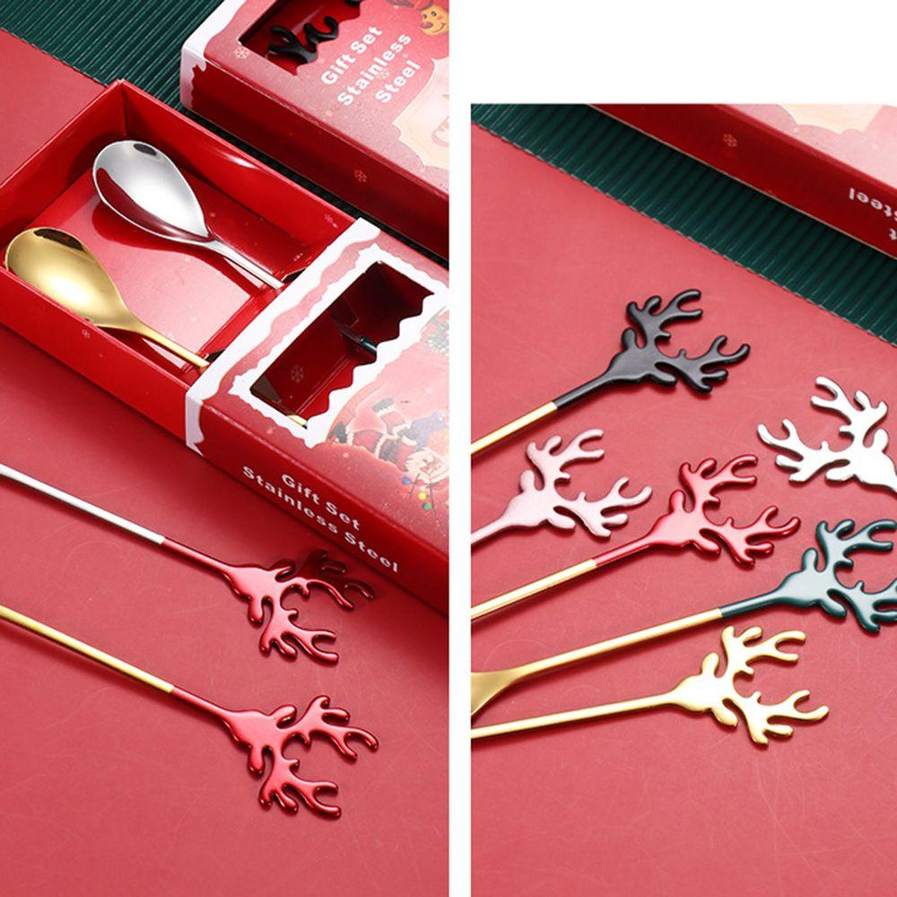 Solighter 2PCS Sendok Natal Desserts Es Krim Stainless Steel Sendok Pengaduk Xmas Tanduk