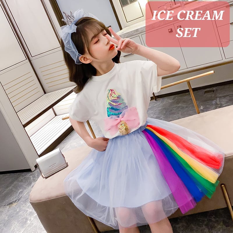 ICE CREAM SET BAJU SETELAN ROK TUTU ANAK RAINBOW KOREA IMPOR DAILY OUTFIT BAJU CASUAL ULANG TAHUN