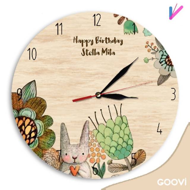  NBR Jam  Dinding  Kayu  Custom  Nama Birthday rebbit 