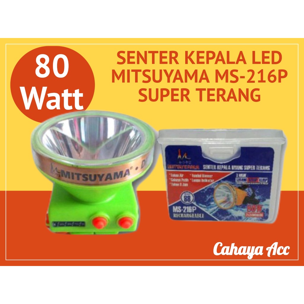 Senter Kepala Diving LED 80W Mitsuyama MS-216P / MS-216K Senter Kepala Selam LED 3 Mode Cahaya Bisa Kedip Headlamp Waterproof