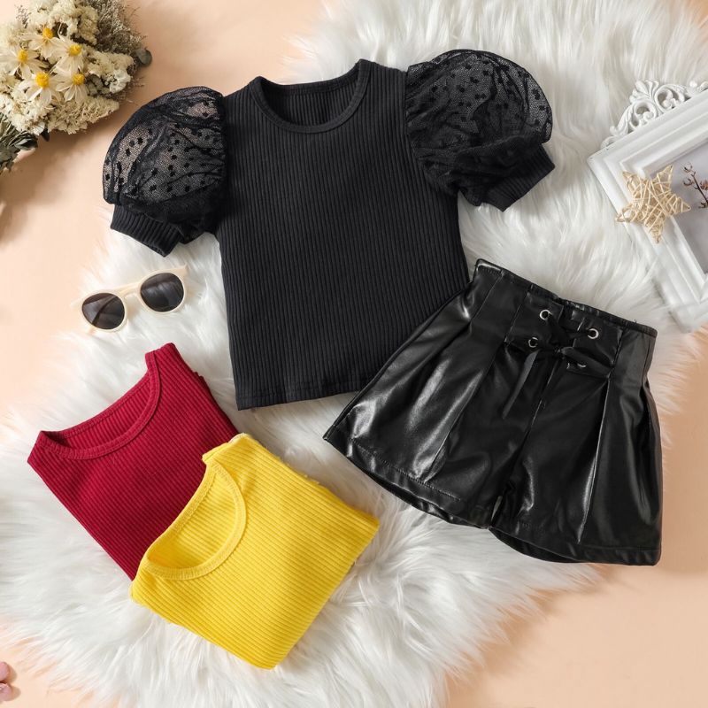ROK KULIT ANAK PEREMPUAN SET ATASAN WARNA KUNING MERAH HITAM LUCU ASLI IMPORT